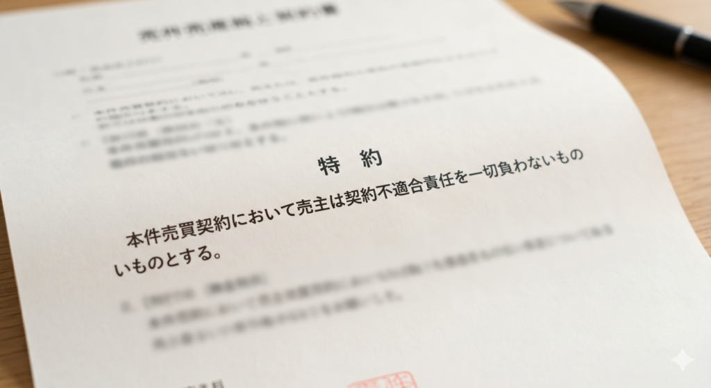 「本件売買契約において売主は契約不適合責任を一切負わないものとする。」という特約条項が設けられている不動産売買契約書