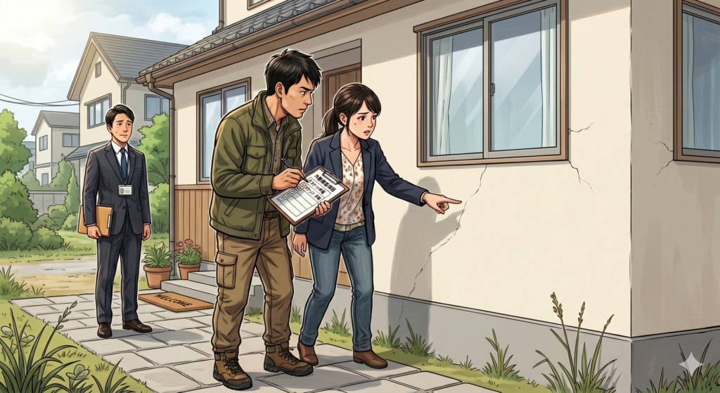 建物の外壁をしっかりとチェックしている購入希望者のご夫婦。窓の下のクラックが気になっている様子。