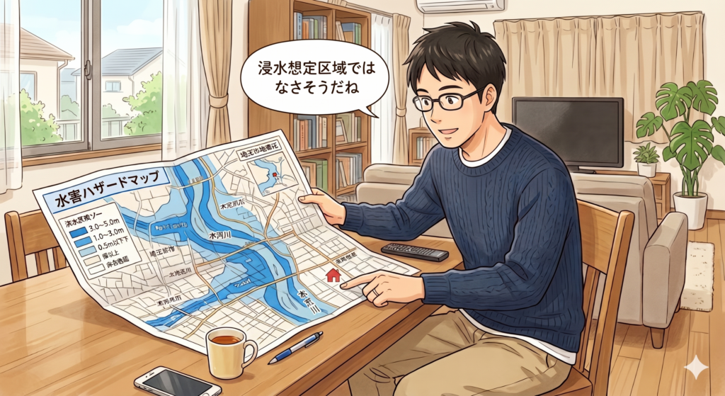 水害ハザードマップで購入を検討している不動産について、浸水想定区域内かどうかを確認している30代の男性