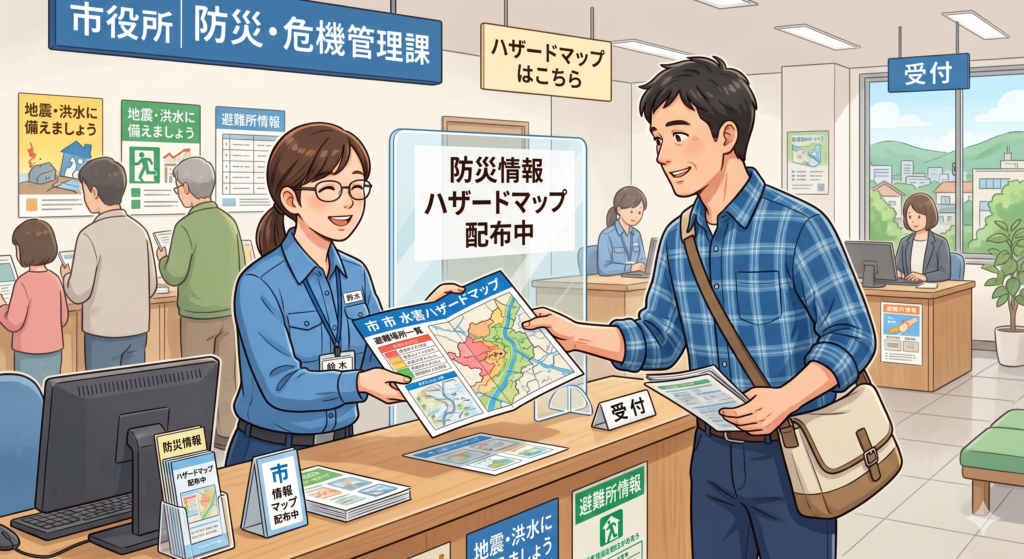 市役所の防災・危機管理課で水害ハザードマップをもらう40代の男性