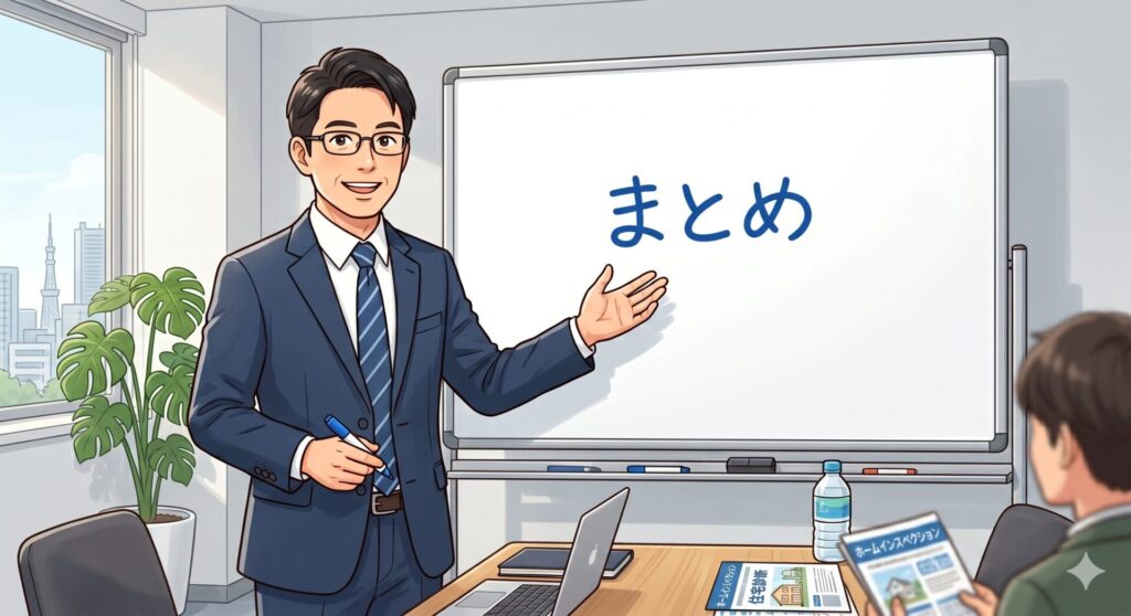 ホームインスペクションについての話のまとめを行う不動産コンサルタント