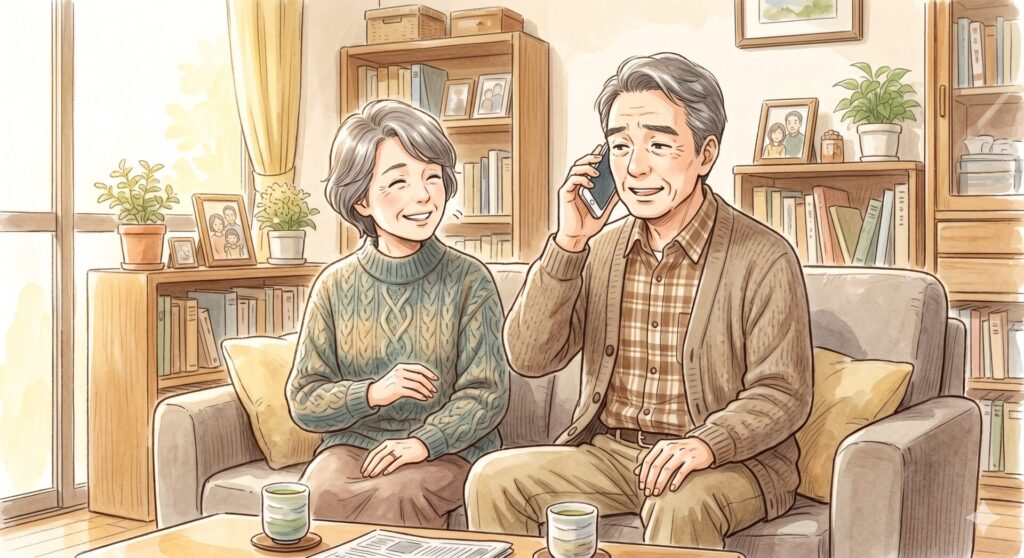 買主からのクレームについて営業マンから一件落着したとの報告を受け、安堵の表情を見せる売主さん