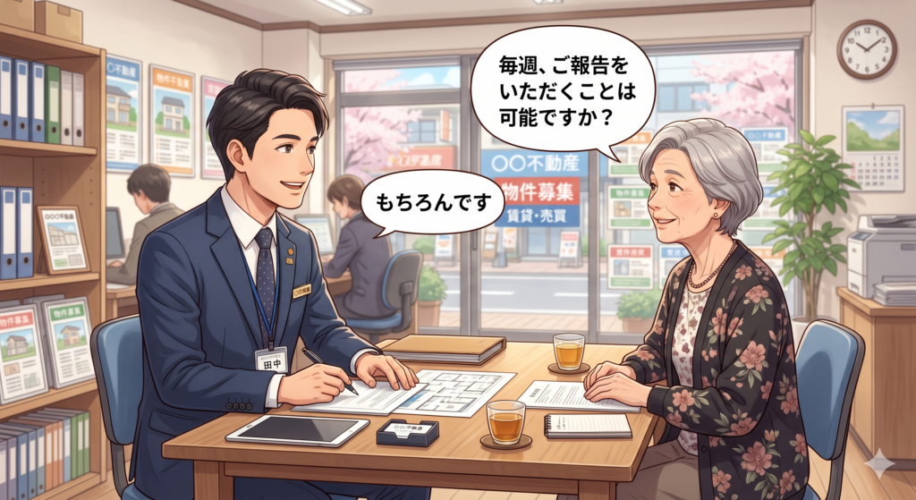 不動産の売却活動の状況について毎週報告してもらうことは可能かを尋ねる売主さんと、その問いに対してもちろんですと答える不動産屋の営業マン