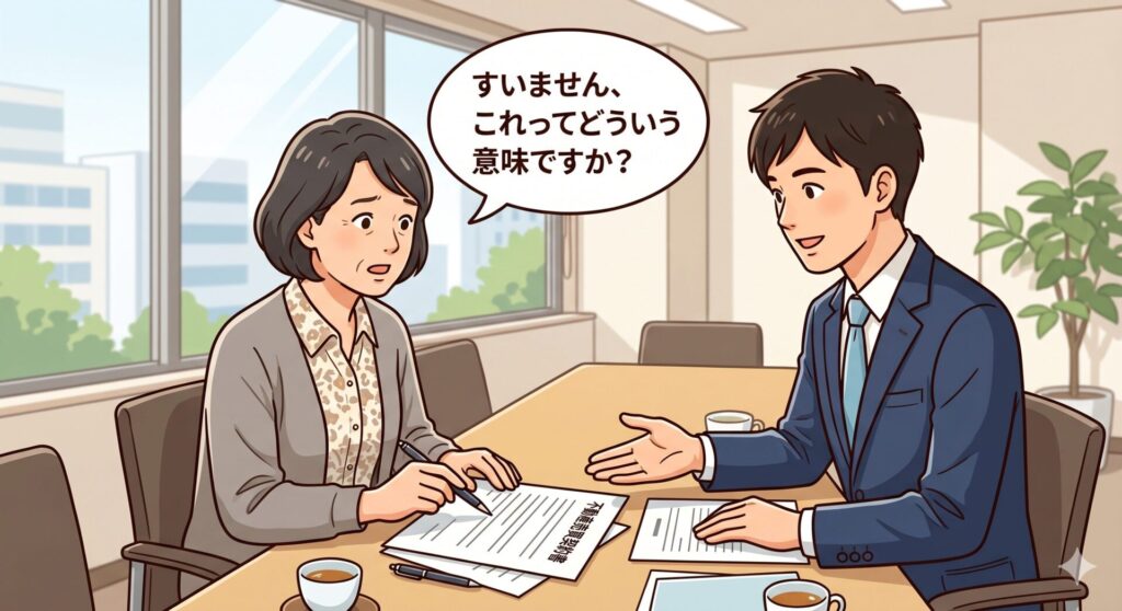 不動産売買契約書の読み合わせ中に不明点について営業マンに質問する売主さん