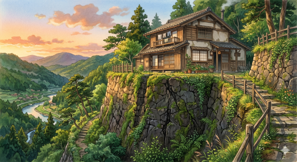 古い擁壁の上に立つ建物のイラスト。