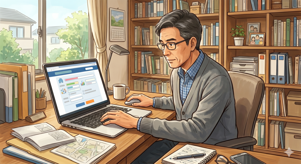 不動産の一括査定サイトを閲覧し必要事項の入力を行おうとしている50代の男性