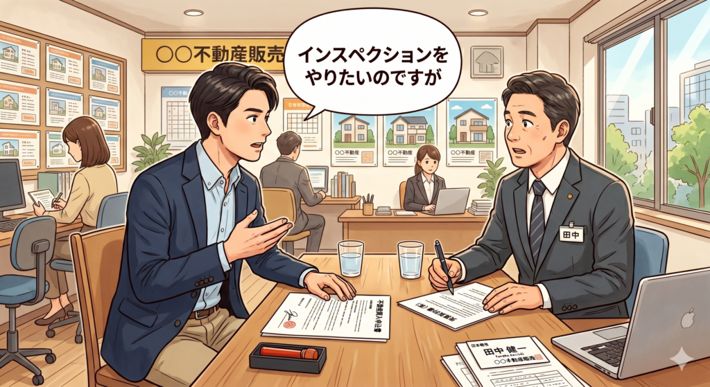 買付証明書を書いた直後に不動産屋の営業マンに対して、購入予定の中古戸建てについて「ホームインスペクションをやりたいのですが」と申している30代の男性