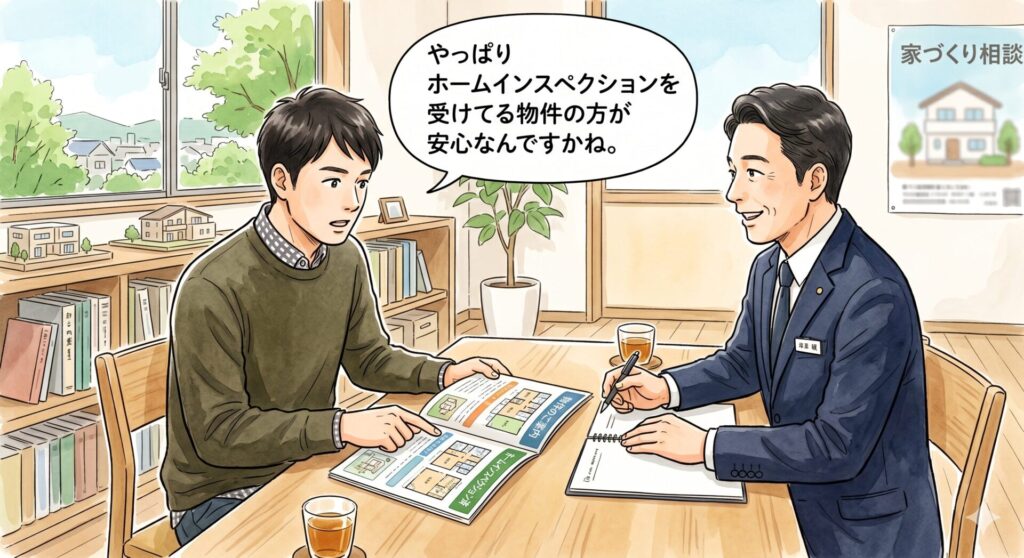 不動産屋の営業マンにホームインスペクションを受けてる物件の方が安心なのかを確認する購入希望者