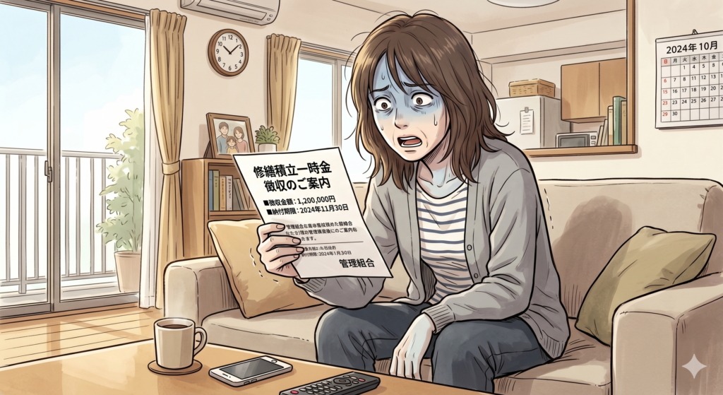 修繕積立一時金徴収のご案内と書かれた紙を見て真っ青になっている40代の女性
