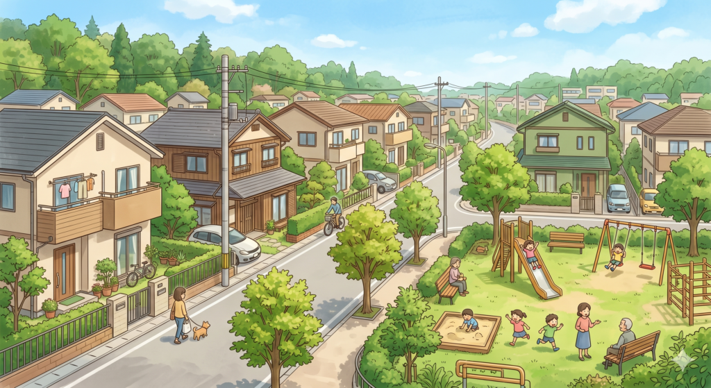 典型的な第一種低層住居専用地域の町並み。2階建てのゆったりとした敷地の家が立ち並び、公園では子供たちが元気に遊んでいる