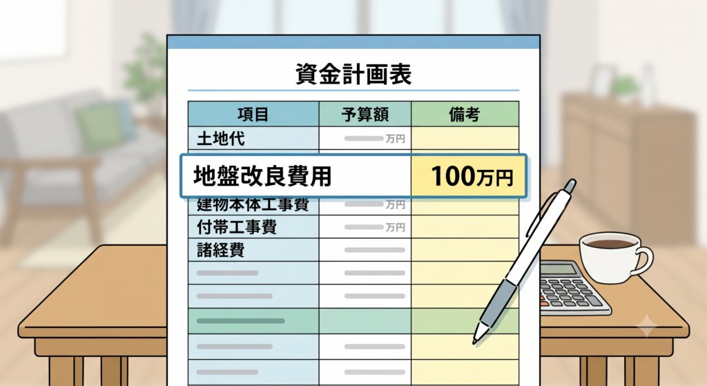 地盤改良費用として100万円が必要となることを見込んで作成されている資金計画表