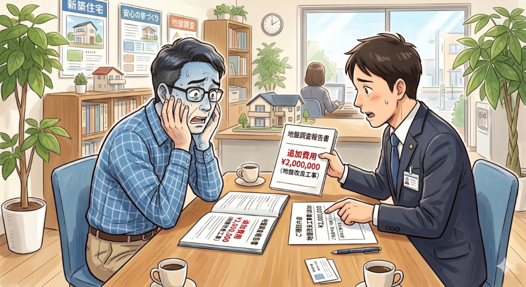 地盤調査の結果、地盤改良費用として200万円余分にかかることを知って真っ青になっている40代の男性