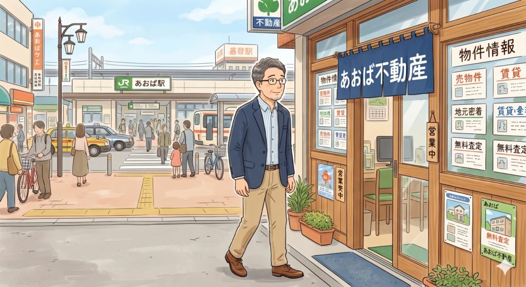 不動産の売却について相談しようと駅前にある地場の小さな不動産屋を訪れようとしている50代の男性