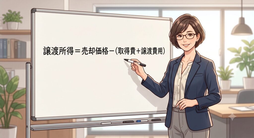 譲渡所得の計算式を示して家を売却した結果、損失が出るというのはどういうことなのかを説明しようとしている不動産コンサルタント