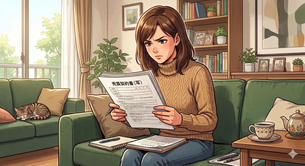 事前にもらった不動産売買契約書のコピーを熱心に読み込む30代の女性