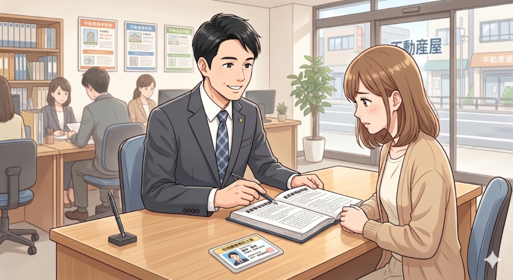 40代の男性の宅地建物取引士が30代の女性の買主さんに対して重要事項説明を行っている