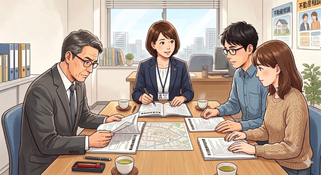 宅建士が買主さんに対して重要事項説明を行っている横で一緒になって重要事項説明書の内容を確認している不動産の売主さん