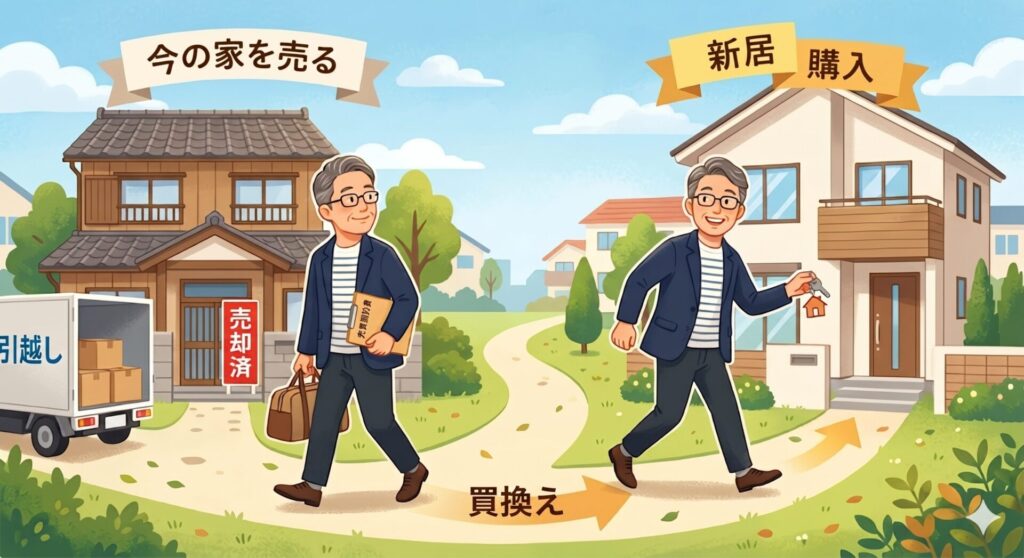 今の家を売って新しい家を購入するという買い替えのイラスト