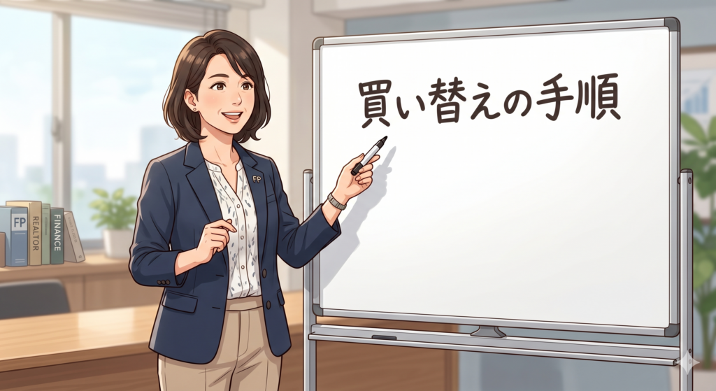 不動産の買い替えの手順について説明しようとしている40代の女性 FP