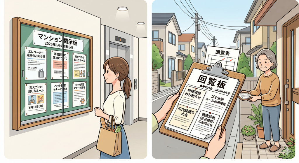 マンションの掲示板と地域の回覧板のイラスト