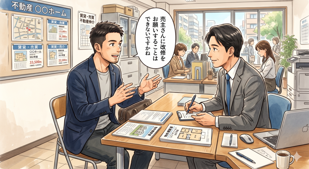 不動産屋で営業マンに違法建築物について売主さんに改修をお願いすることができないかを相談する30代の男性購入希望者