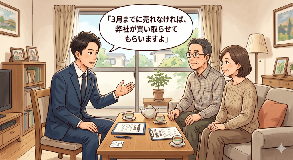 不動産が希望時期までに売却できなかった場合の買取保証を売主に提案する不動産屋の営業マン
