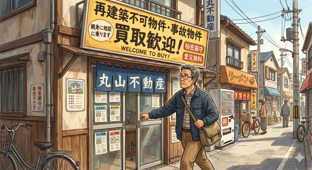 再建築不可物件の買い取りを積極的にやっている不動産屋を訪れようとしている50代の男性
