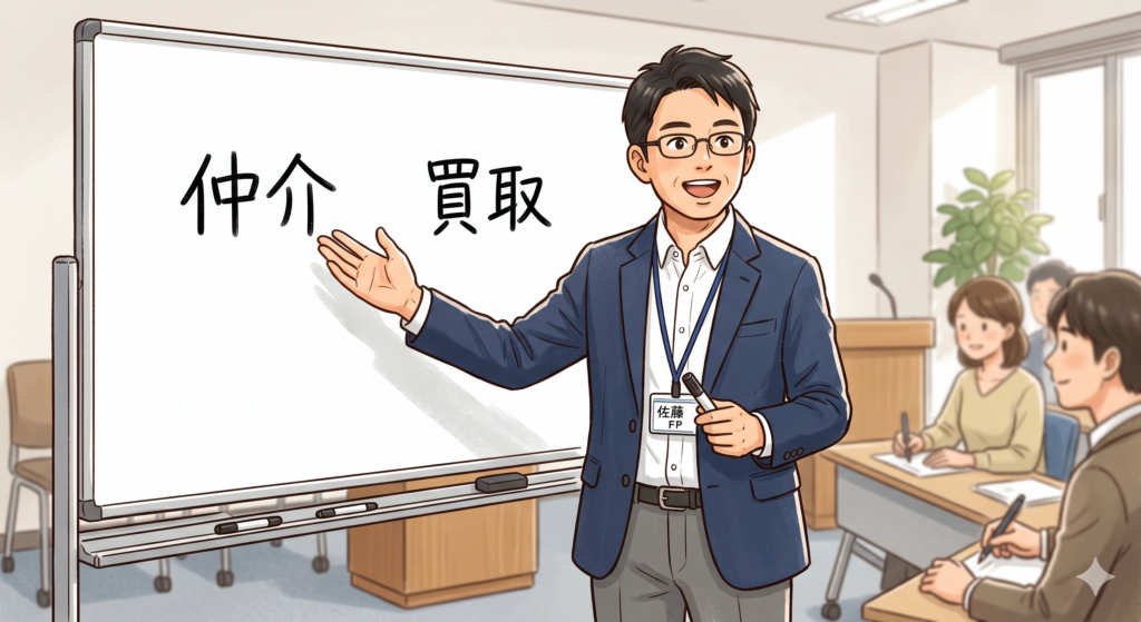 不動産の売却の仕方には仲介による売却と買取という方法があることを説明する男性 FP