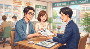 不動産購入の意思を固め、営業マンに買付証明書を提出するお客さんご夫婦