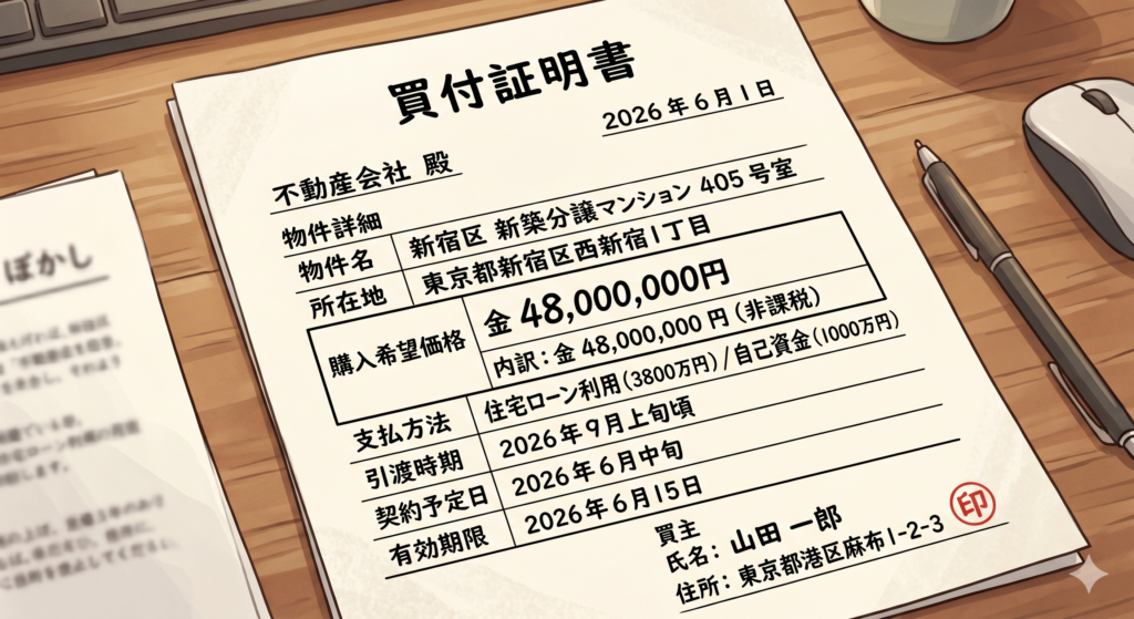 購入希望金額に4800万円と書かれた買付証明書