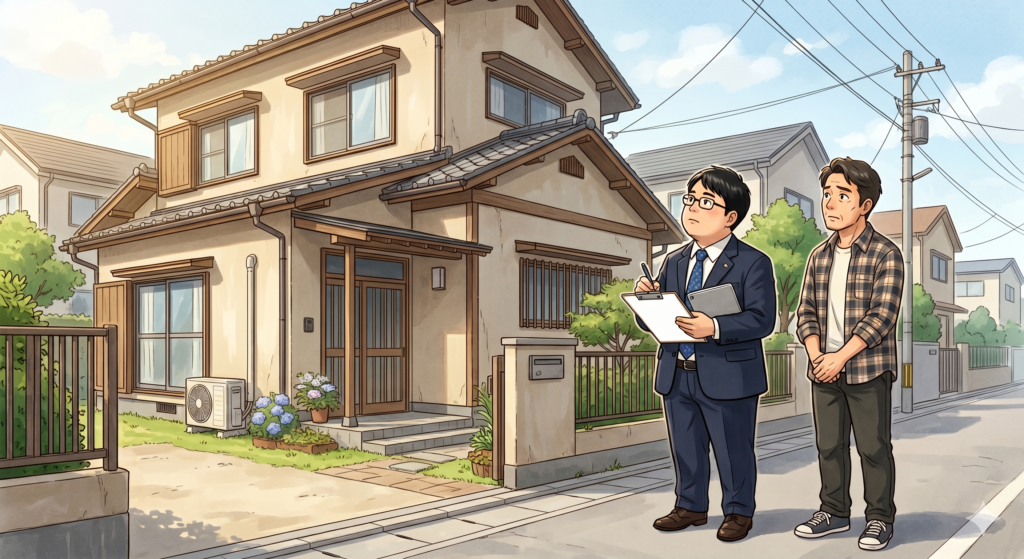 中古戸建ての価格査定をしている不動産屋の営業マンとそれを見守る売主さん