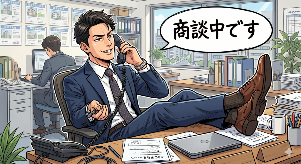 売却を依頼された不動産について囲い込みをしている不動産屋の営業マン。他社からの問い合わせに対して、具体的な商談もないのに「商談中です」と言って断っている。