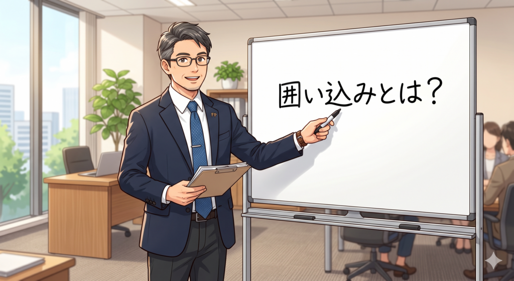 不動産売却における「囲い込み」について説明しようとしている40代の男性 FP