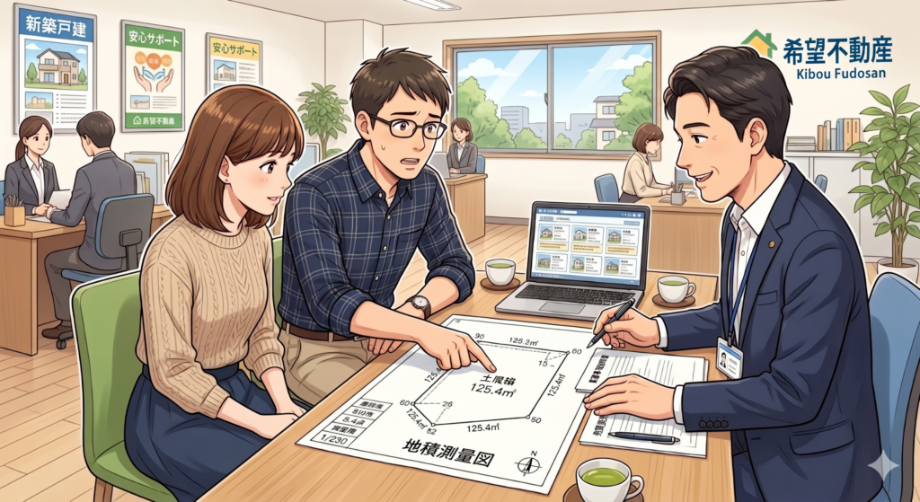 不動産屋の営業マンに購入予定の土地の境界について質問する買主