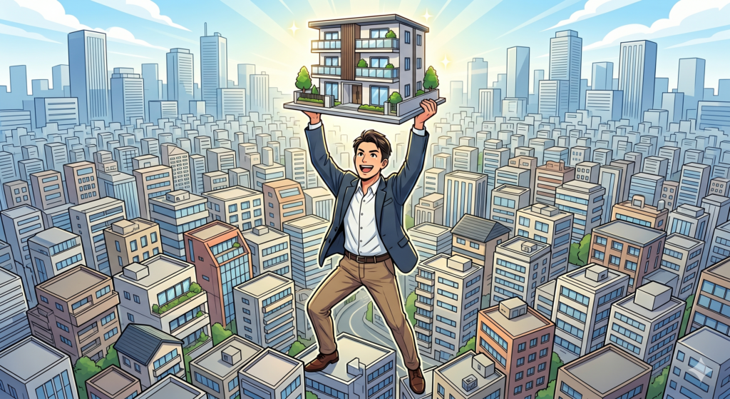 管理の良いマンションを見つけて、これこそが自分が探していたマンションだと頭上に掲げて喜ぶ30代の男性