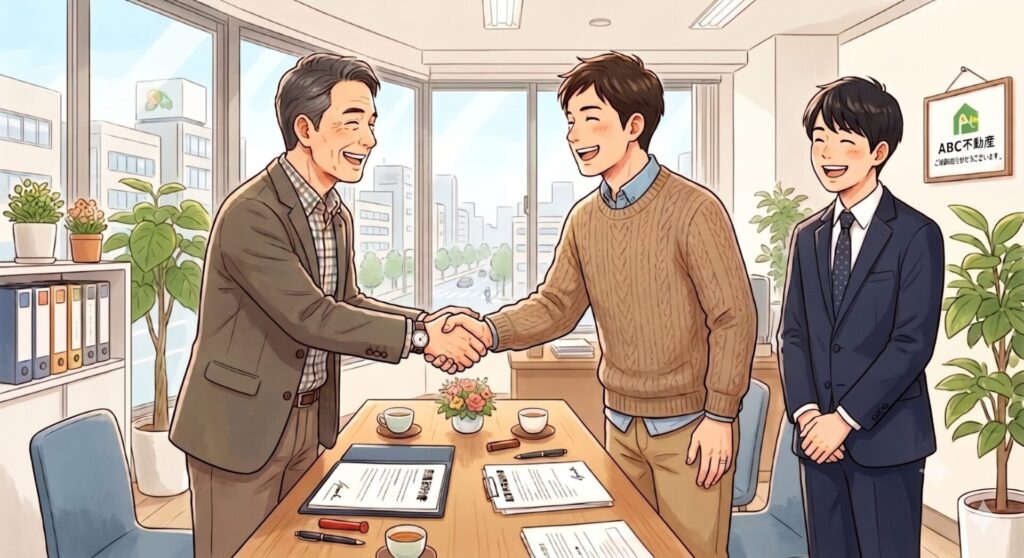 不動産売買契約が無事終了し、握手を交わす売主さんと買主さん
