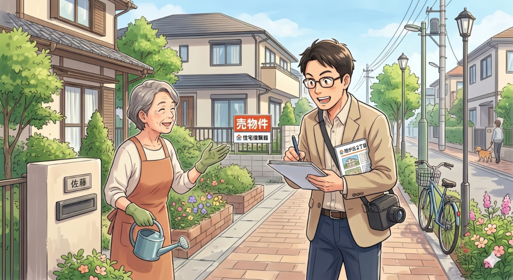 購入を検討している不動産の周辺住民に環境や治安について聞き込みを行っている購入希望者