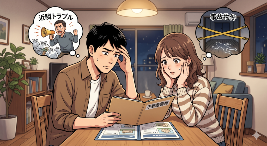 購入を検討している物件について近隣トラブルがあったり事故物件だったりすることはないのかという不安を抱いているご夫婦