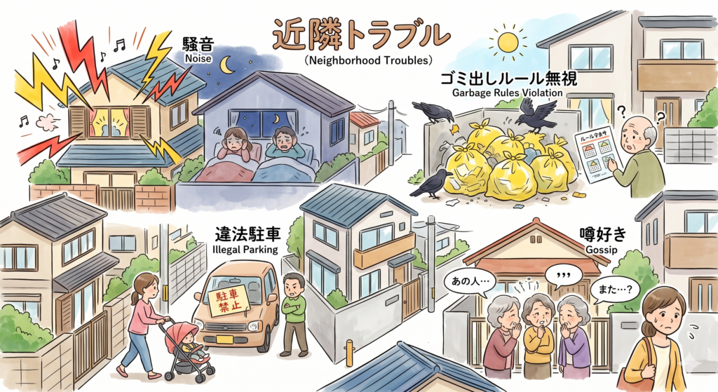 騒音やゴミ出しルール無視など様々な近隣トラブルを紹介するイラスト