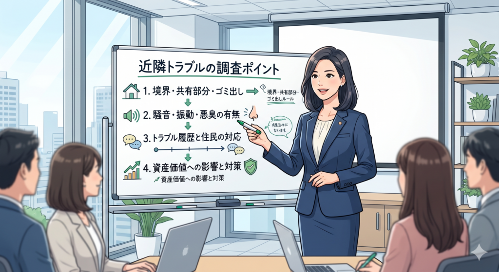 近隣トラブルの調査ポイントを解説する女性 FP