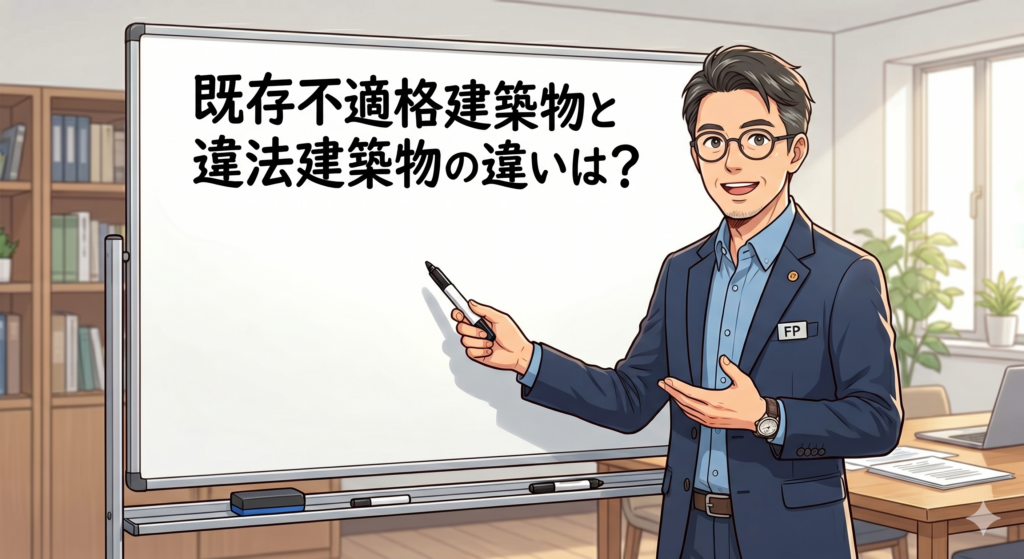 既存不適格建築物と違法建築物の違いを説明する40代の男性 FP