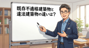既存不適格建築物と違法建築物の違いを説明する40代の男性 FP