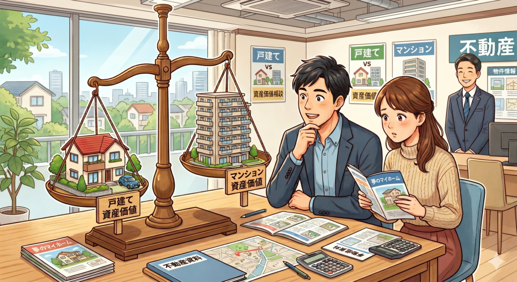 戸建てとマンション、資産価値の点ではどちらが有利になるのかを天秤にかけて調べるマイホーム購入希望者のご夫婦