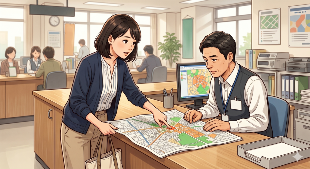 市役所の都市計画課の職員に購入しようとしている土地が市街化調整区域内にあるかどうかを、地図で場所を示しながら確認しようとしている30代の女性
