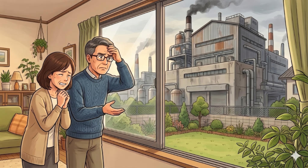 自分の家の敷地の隣に立った大きな工場からの騒音に困り果てている様子の50代のご夫婦