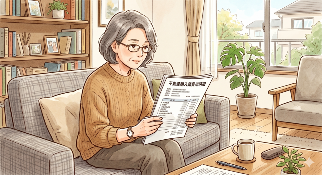 不動産購入諸費用明細に目を通す50代の女性