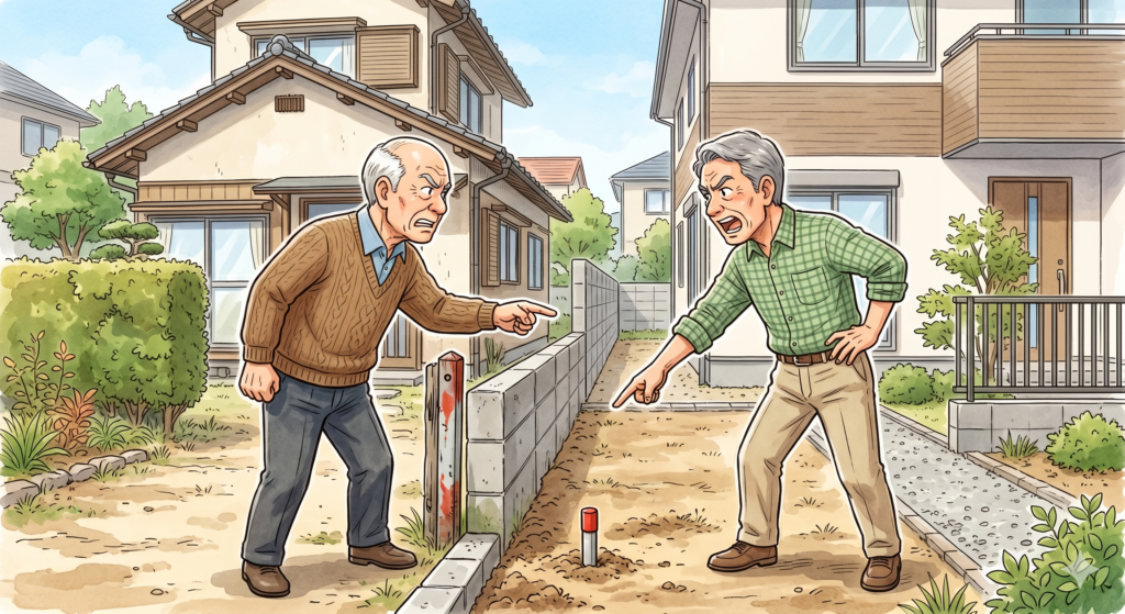 建物敷地の境界について揉めている2人の年配の男性