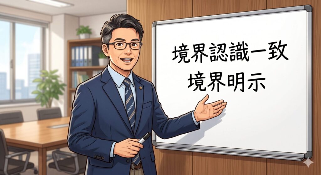 不動産の売却時、境界については「隣地所有者との境界認識の一致」と「境界の明示ができること」の2点が重要であることを伝える不動産コンサルタント