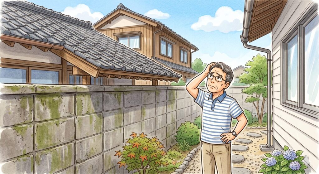 隣の家の屋根が自分の家の敷地に明らかに越境しており、それを見上げて困ったなあといった感じの表情をしている売主さん
