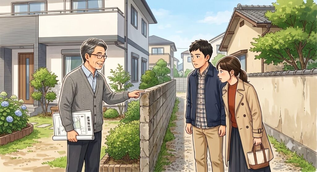 不動産の売却に際して境界明示を行う売主さんと、それを確認する買主さん